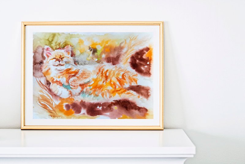 水彩杰作中的姜猫与彩叶 - 墙贴/壁贴 - 纸 橘色