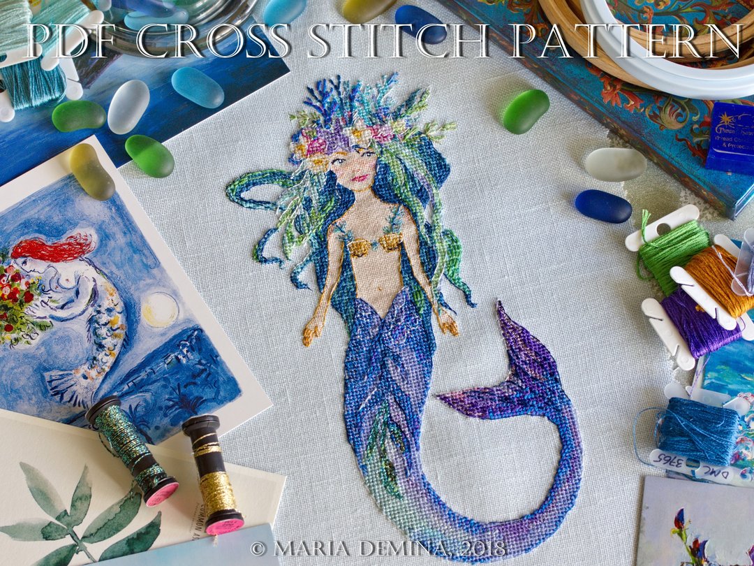 The Friendly Mermaid watercolor PDF cross stitch pattern - 手工艺教程/工具书 - 其他材质 