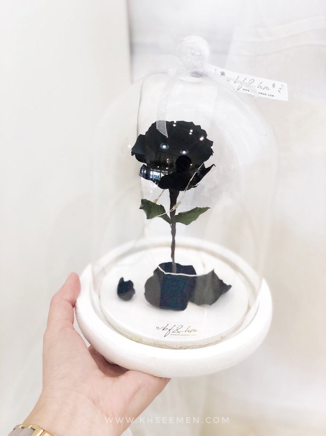 wbfxhm /松露红酒与奶茶 不凋 黑玫瑰花盅罩 缎带圆把+夜灯款 - 摆饰 - 植物．花 多色