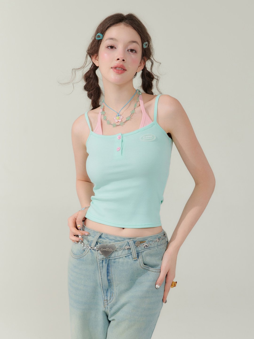ziziFei夏美式复古设计感无袖上衣辣妹假两件撞色挂脖背心吊带女 - 女装背心 - 其他材质 绿色