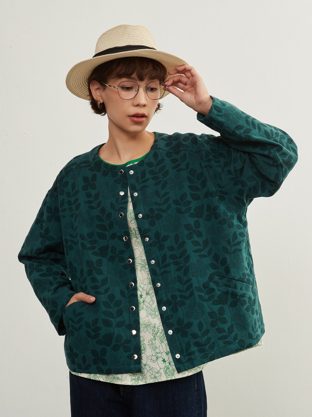 叶片提花排扣针织开衫 休闲长袖夹克 森林系薄外套 - 女装休闲/机能外套 - 棉 绿色