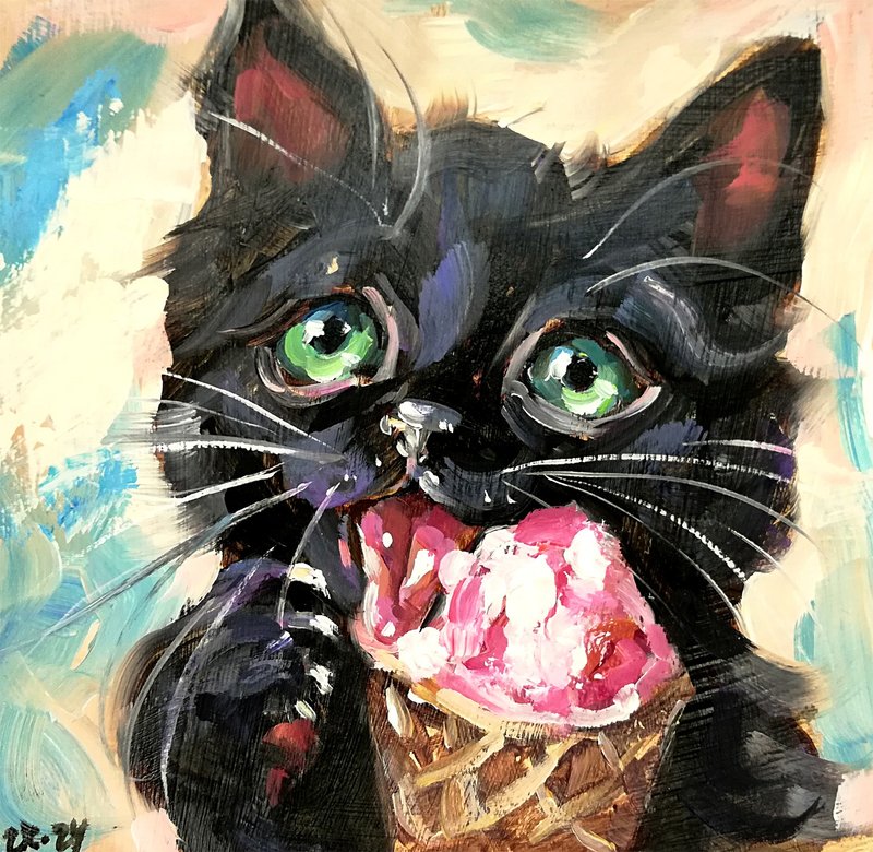 黑猫冰淇淋艺术可爱小猫动物宠物肖像原创油画 - 海报/装饰画/版画 - 其他材质 多色