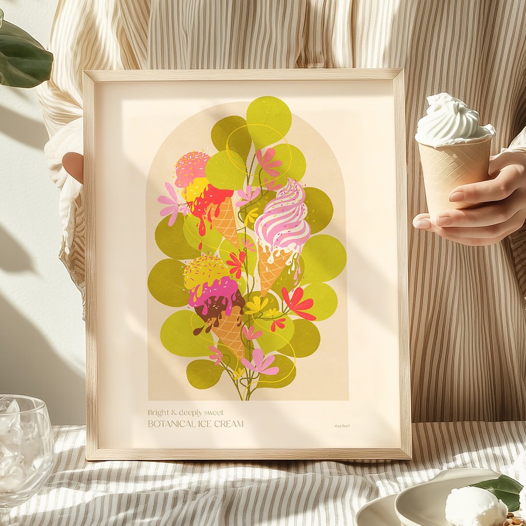 植物复古冰淇淋蛋筒海报快餐可印刷墙艺术 - 电子手绘真人画像/绘画/插画 - 其他材质 