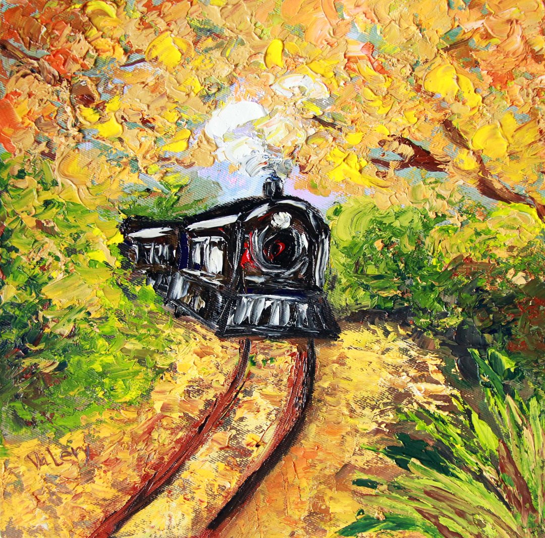 火车绘画原画油画布秋季风景机车墙艺术铁路帆布艺术 - 海报/装饰画/版画 - 棉 橘色