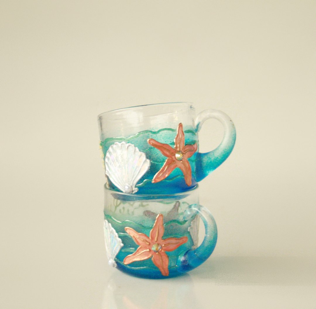 Coffee cups shot glasses, starfish, shell, coral, hand-painted set of 2 - 酒杯/酒器 - 玻璃 蓝色
