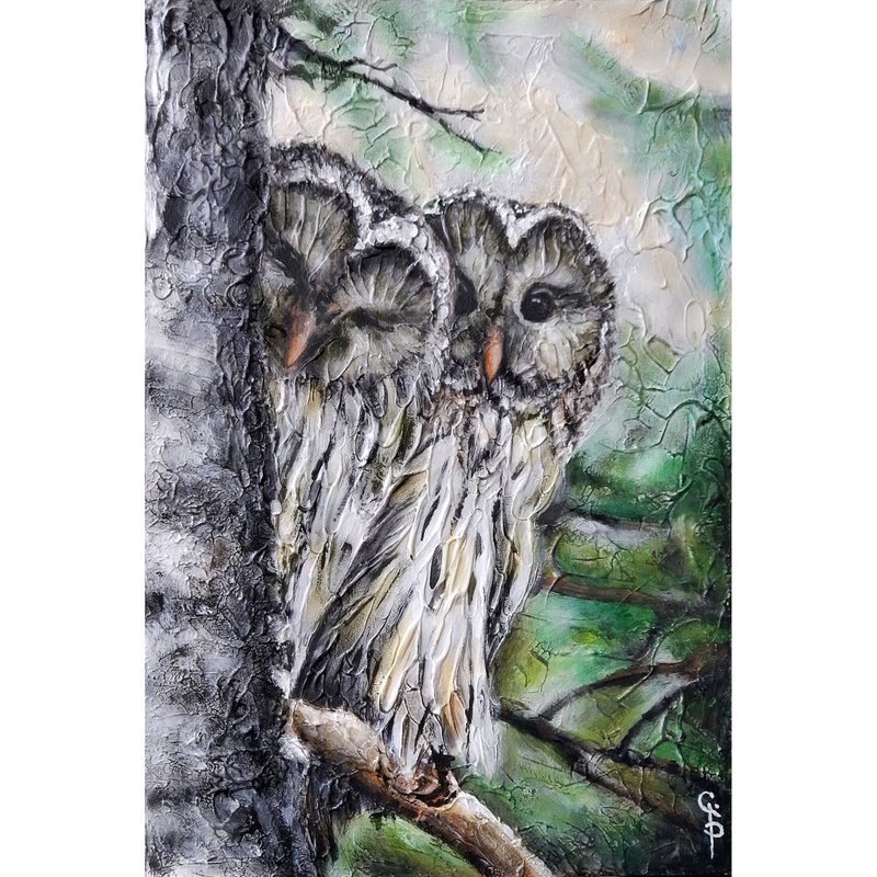 猫头鹰绘画画布原创油画冬季森林雀抽象现代 - 墙贴/壁贴 - 其他材质 多色