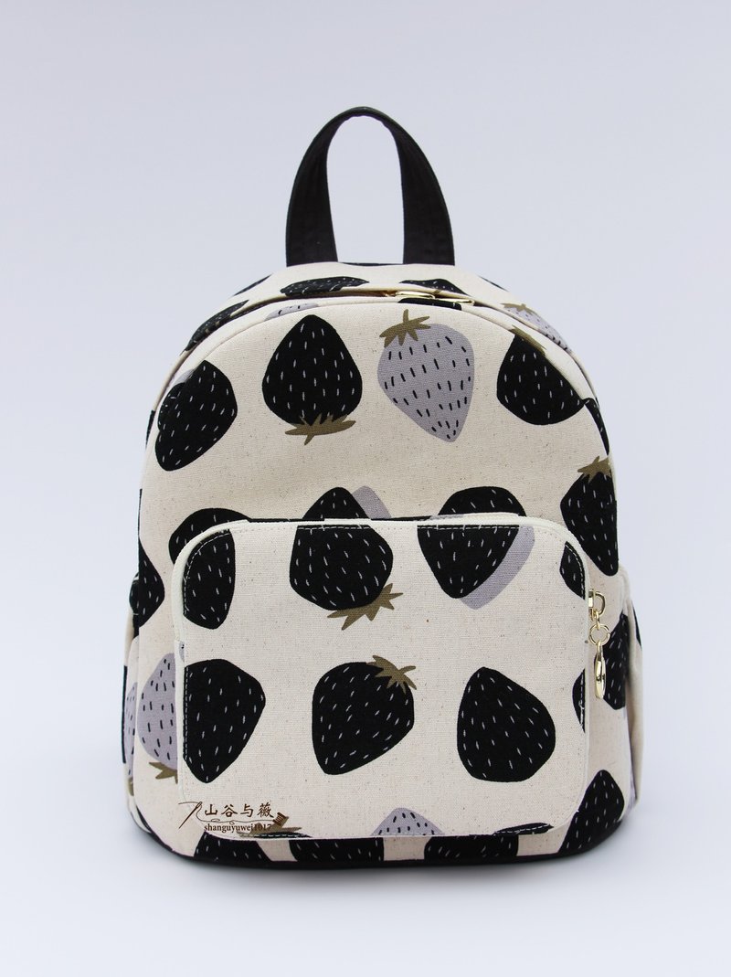 棉麻黑色草莓双肩包/后背包|布艺双肩包 - 后背包/双肩包 - 棉．麻 粉红色