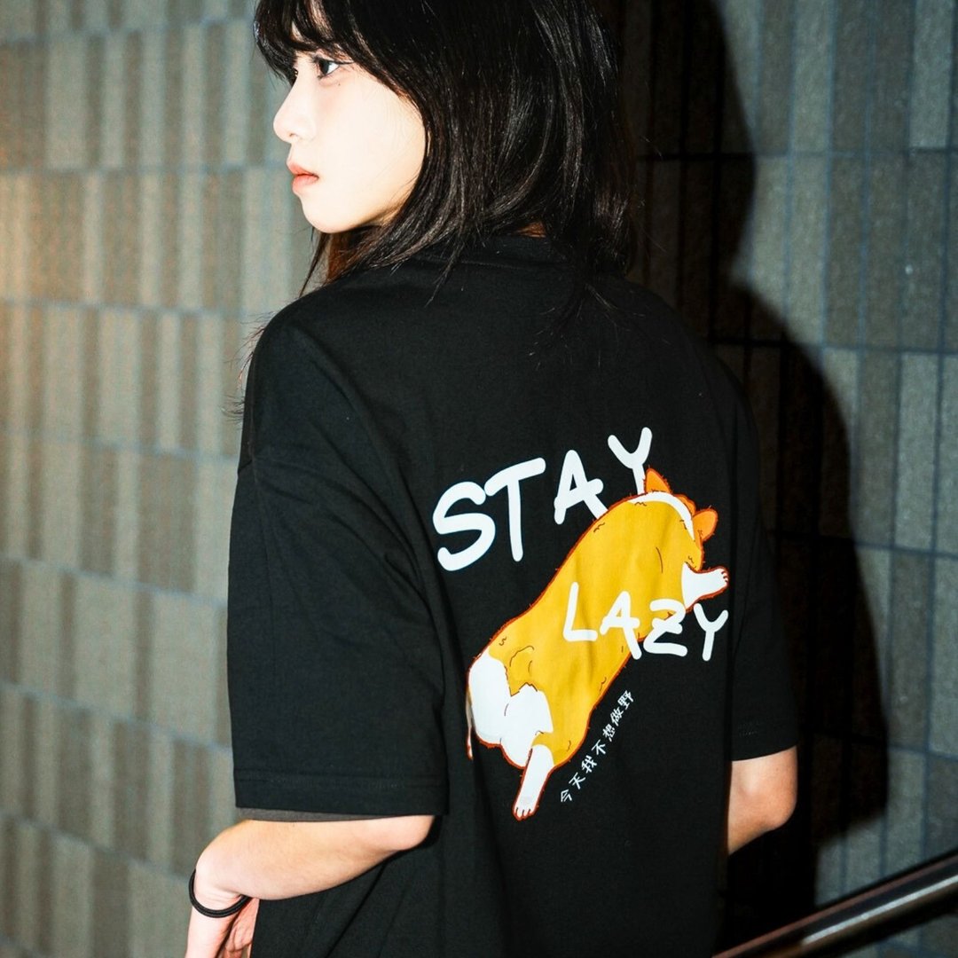 【CREEPS】Stay Lazy Corgi 宽松重磅印花T恤 - 男装上衣/T 恤 - 棉 多色
