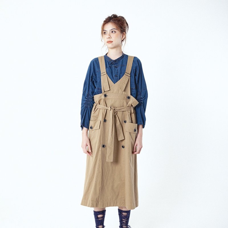 园艺工装感绑带背带裙 - 裙子 - 棉．麻 卡其色