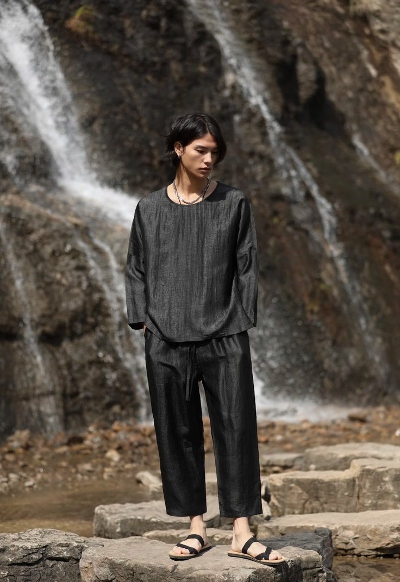 新中式极简 黑龟盘扣长袖T恤 - 男装上衣/T 恤 - 其他材质 黑色