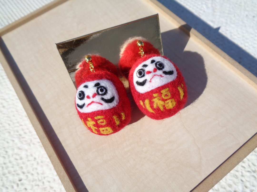 祈福不倒翁耳环 - 耳环/耳夹 - 羊毛 红色