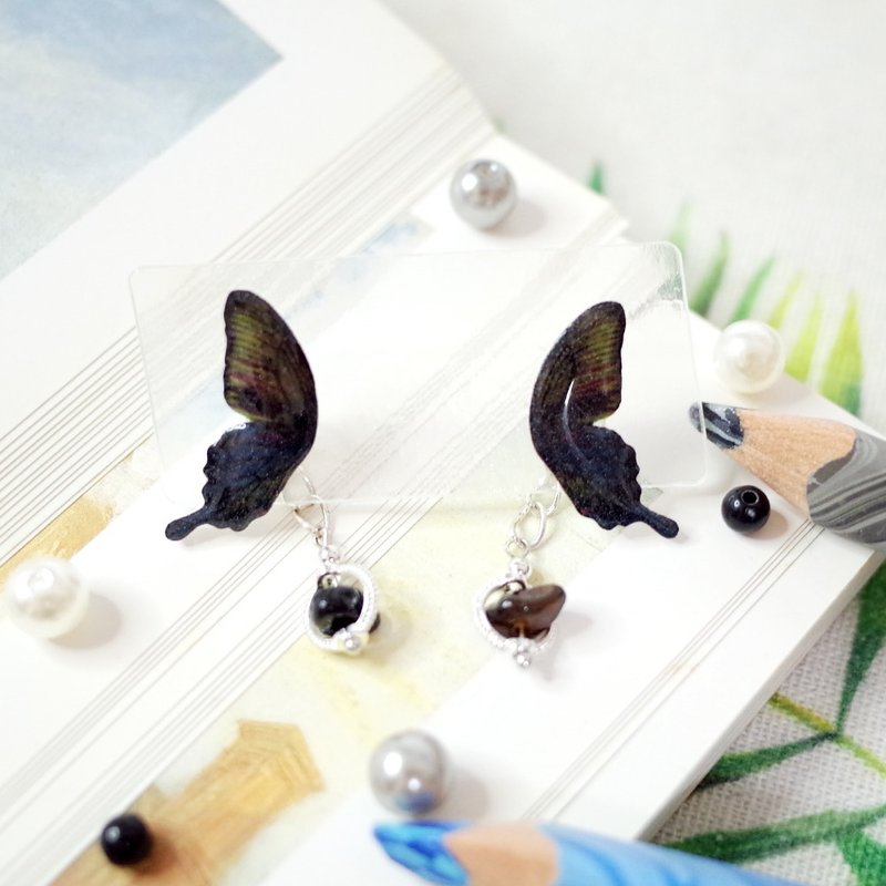 台湾特有种 琉璃带凤蝶 黑玛瑙 绘画耳环 耳针/耳夹 - 耳环/耳夹 - 防水材质 黑色