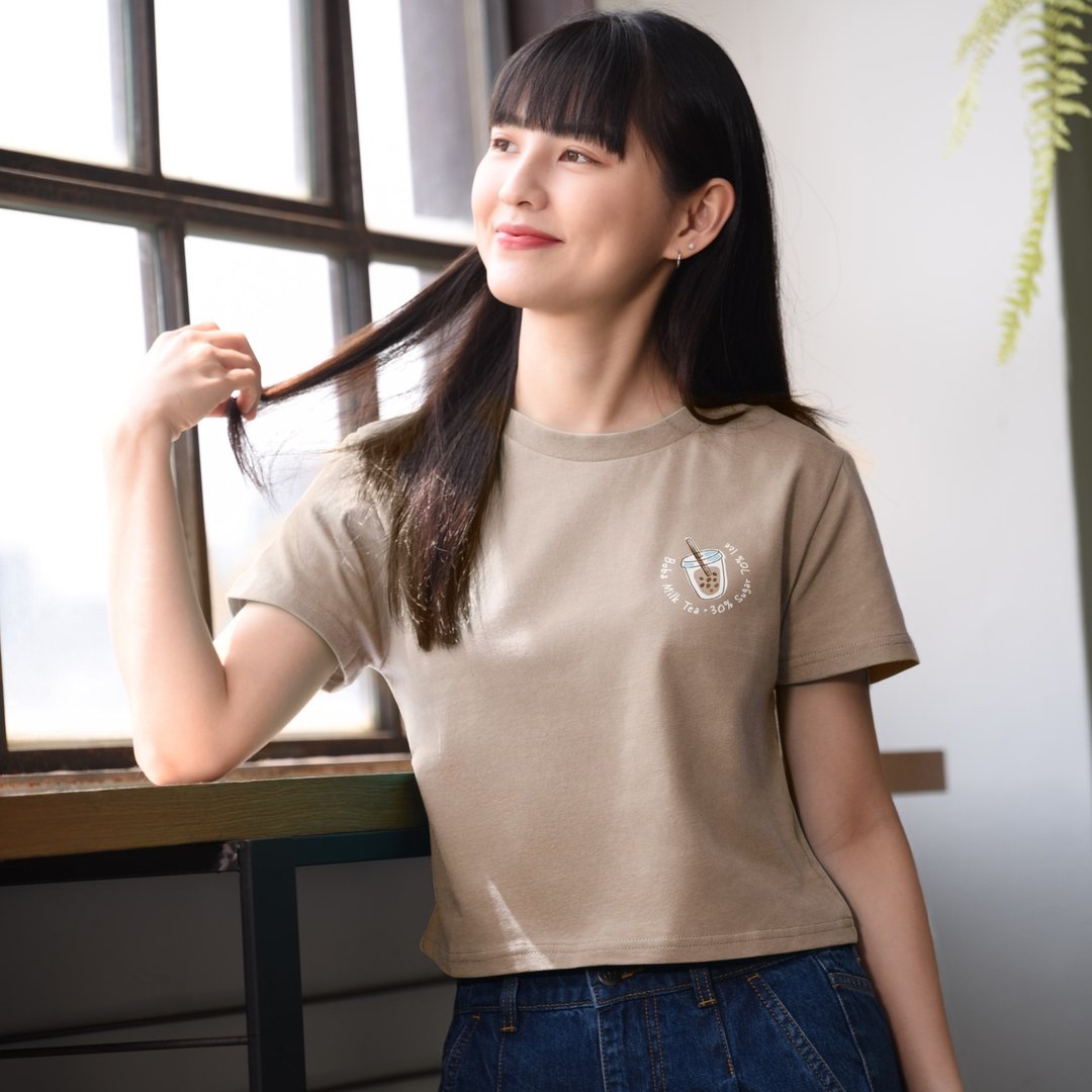 【台湾小吃系列 Tee】波霸奶茶少冰微糖三色。流行短版细纤纯棉 - 女装 T 恤 - 棉 