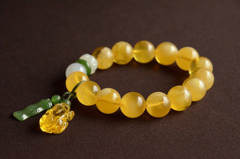 【流光】天然琥珀金白花蜜意境手串琥珀貔貅 - 手链/手环 - 宝石 
