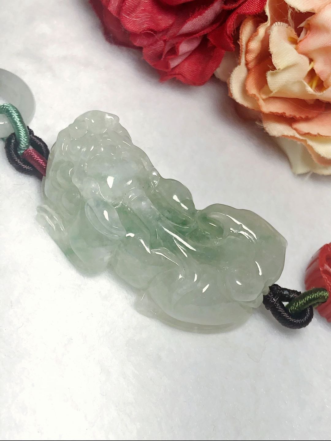 多宝晶石/天然翡翠A货冰种貔貅吊坠/冰飘绿花/如意貔貅/手工项链 - 项链 - 玉石 透明