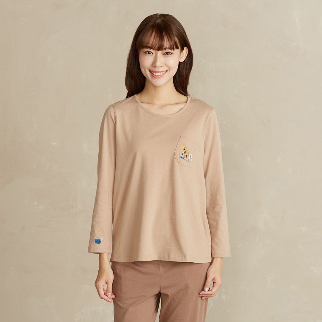 DINOTAENG | 电玩绣花上衣-大地棕 - 女装 T 恤 - 棉．麻 咖啡色