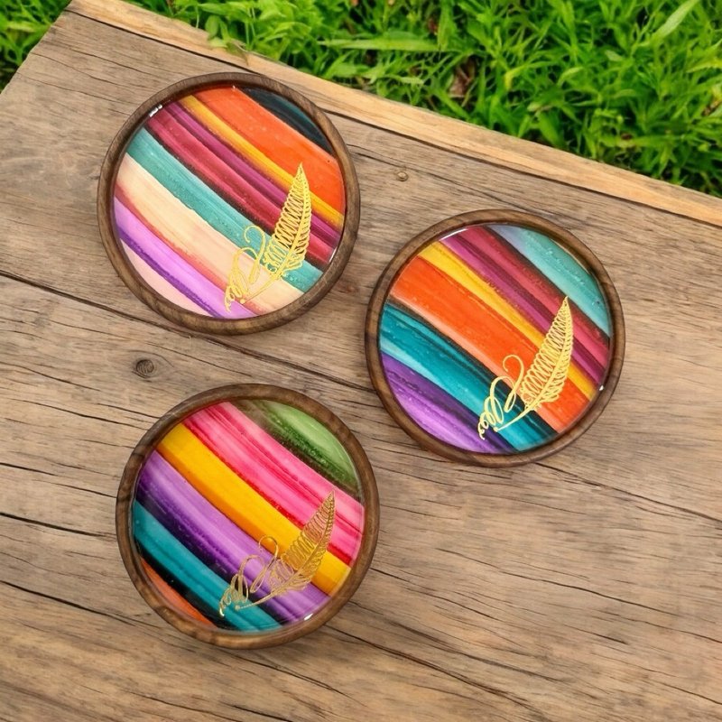 酒精墨水艺术优质胡桃木杯垫 - 羽毛 - 摆饰 - 其他材质 多色