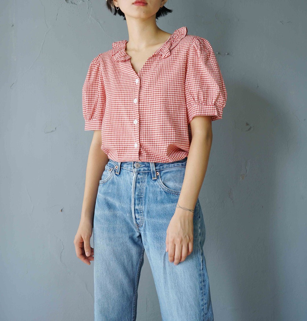 寻宝古着-乡村少女红白格澎袖V领衬衫 - 女装衬衫 - 棉 红色