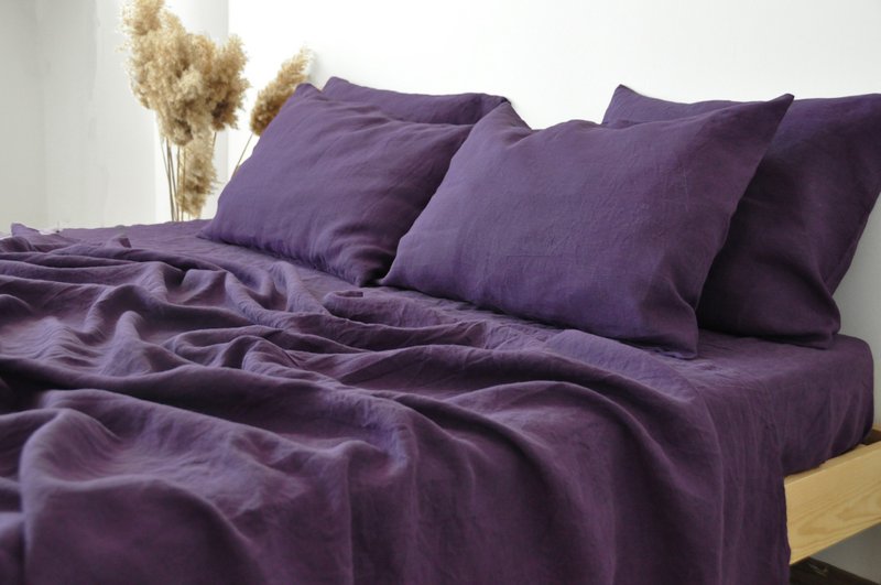 Deep purple linen sheet set / Flat+fitted sheet+2 pillowcases / Purple bedding - 寝具 - 亚麻 紫色