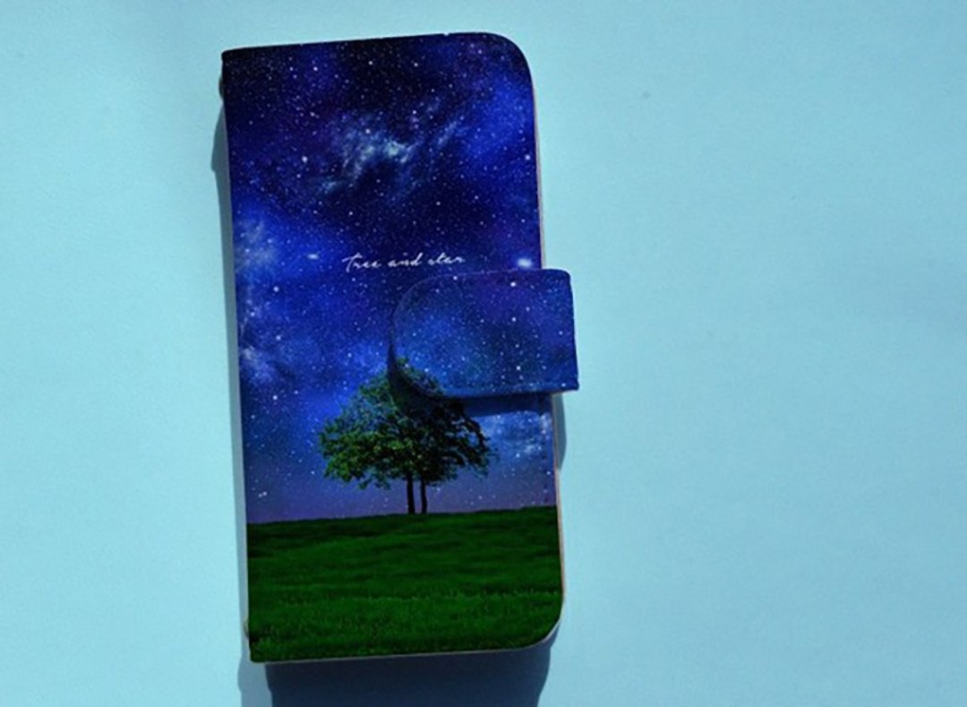 [Compatible with all models] Free shipping [Notebook type] Tree and star smartphone case - 手机壳/手机套 - 真皮 蓝色