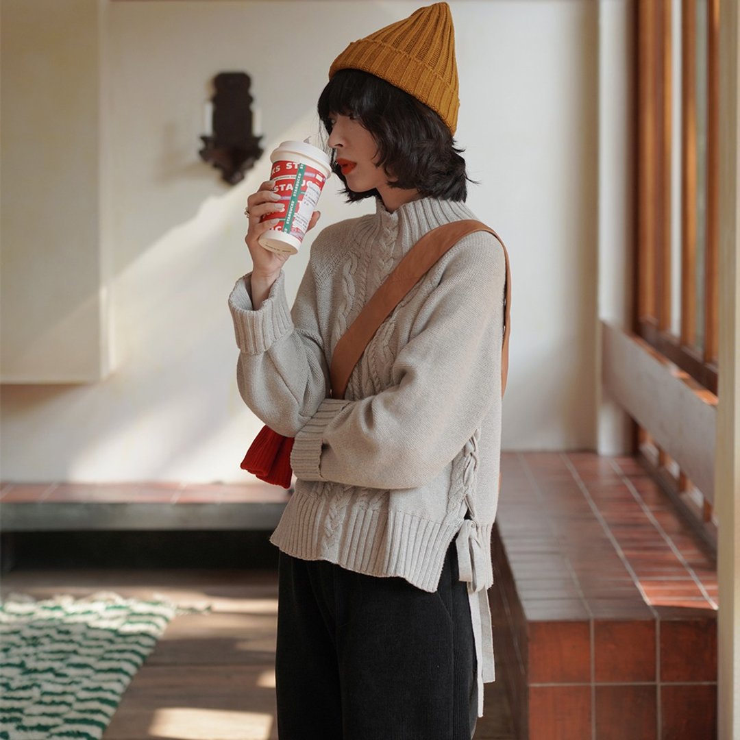 绞花系带半高领毛衣|针织衫|冬款|Sora-875 - 女装针织衫/毛衣 - 棉 灰色