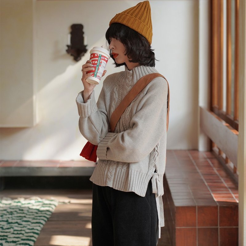 绞花系带半高领毛衣|针织衫|冬款|Sora-875 - 女装针织衫/毛衣 - 棉．麻 灰色