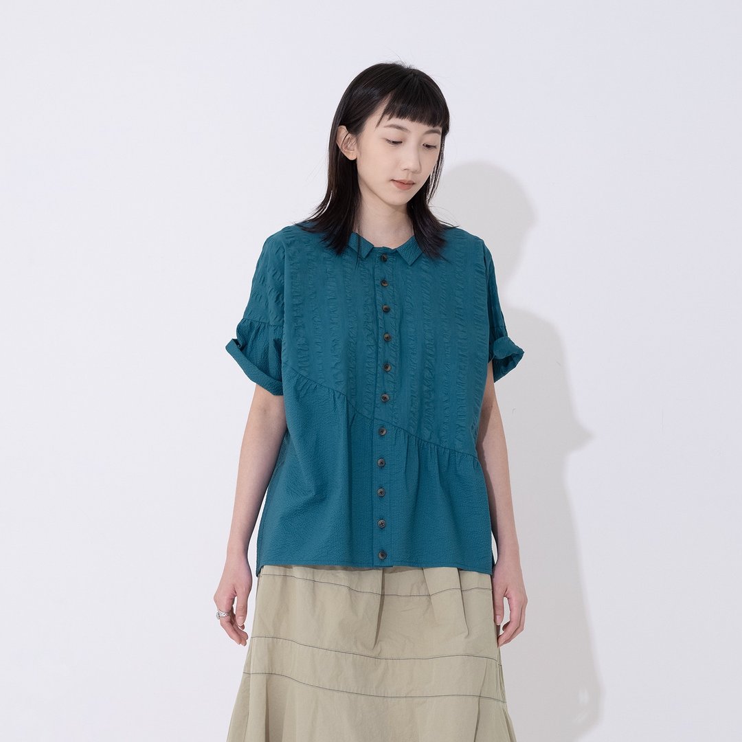 纹理斜切细褶衬衫 | 热销补货 - 女装衬衫 - 棉 蓝色