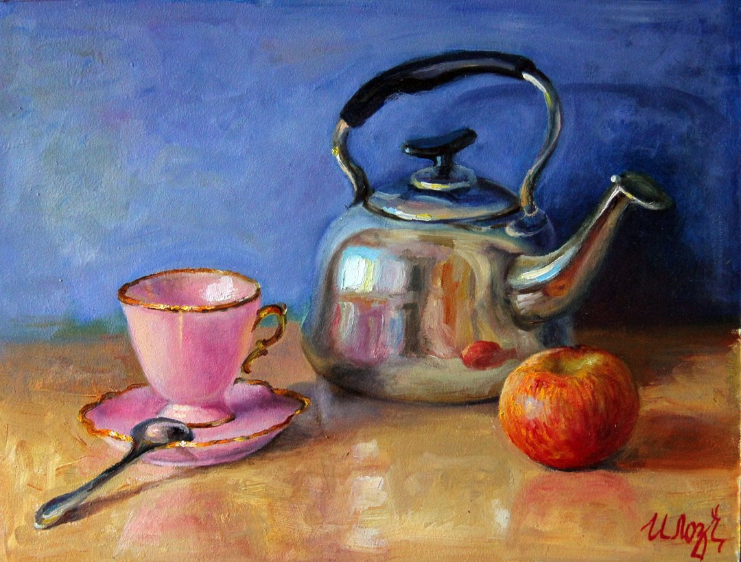 Still life oil painting Original Art Cup Teapot Apple artwork kitchen wall art - 墙贴/壁贴 - 其他材质 多色