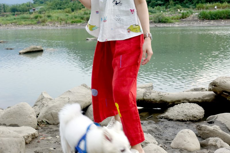 甜甜红色西瓜小狗 / 圆点雨滴亚麻口袋轻柔宽裤 - 女装长裤 - 棉．麻 红色