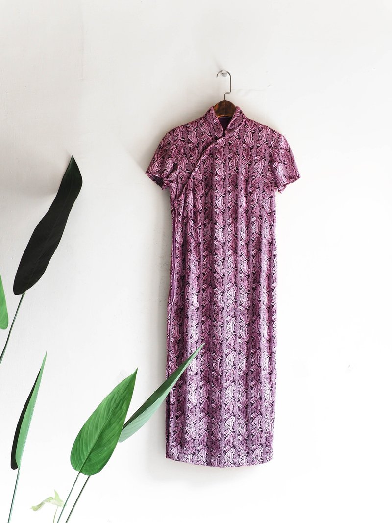 河水山 - 中式紫粉手工刺绣华丽年代 古董连身长裙旗袍洋装 overalls oversize vintage dress - 洋装/连衣裙 - 棉．麻 紫色