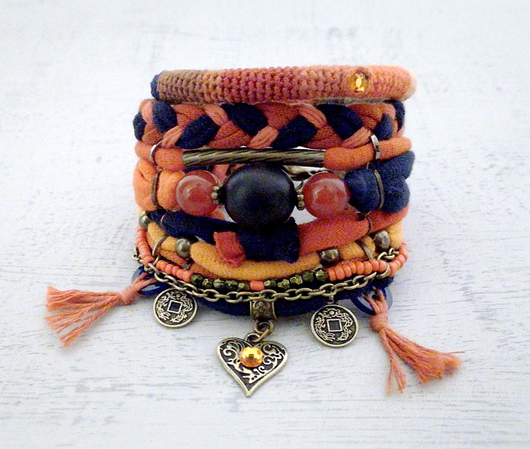 Carnelian Orange Navy Boho Bracelet Set Heart Coin Charms - 手链/手环 - 棉 橘色