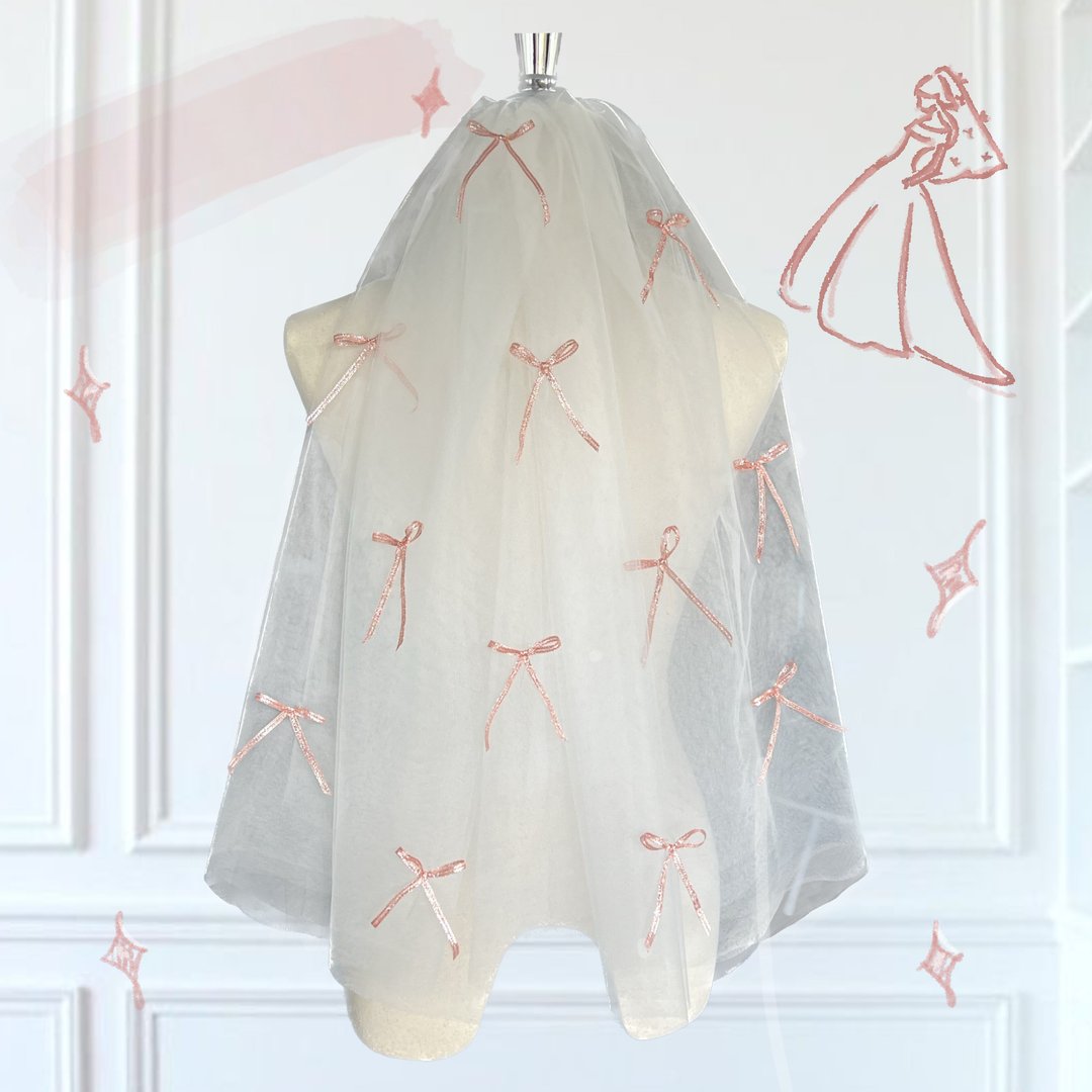 Peach Ribbon Veil : Wedding bridal veil - 发饰 - 绣线 