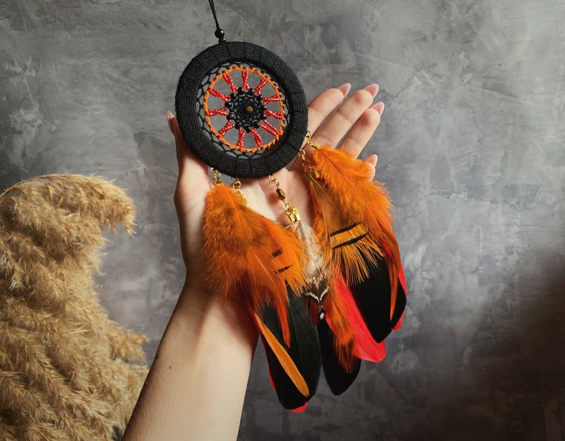 Black orange Dream catcher small size ตาข่ายดักฝันสีส้มดำ ไซส์เล็ก - 墙贴/壁贴 - 宝石 橘色