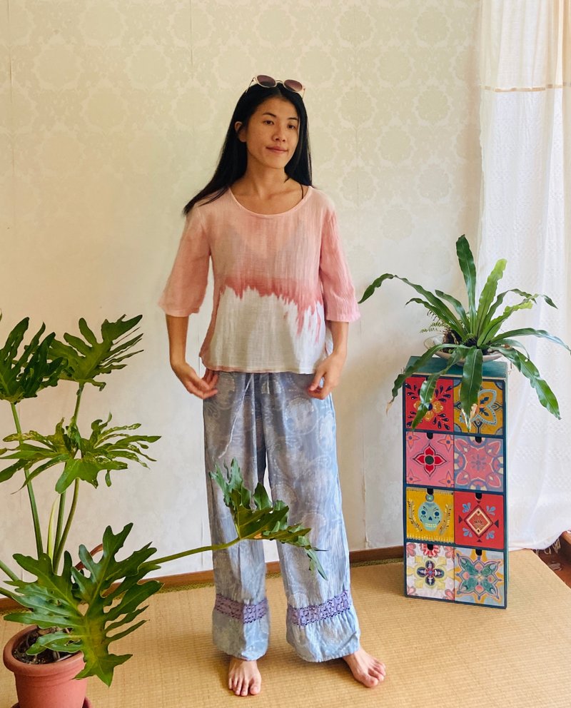 泥染七分衫－双色火焰 - 女装上衣 - 棉．麻 