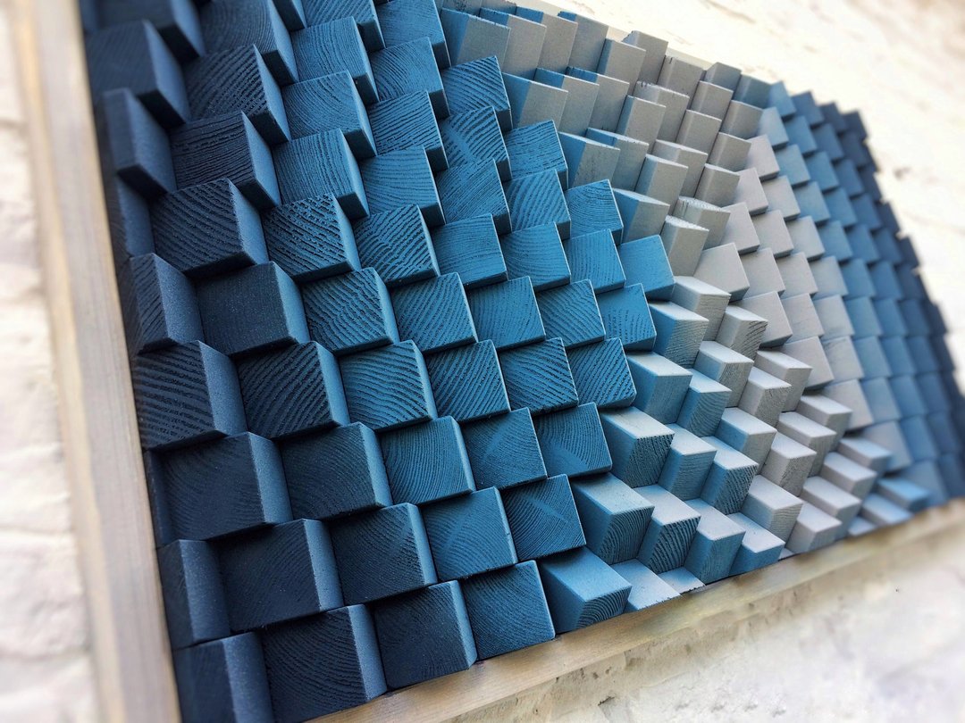 Wood Wall Art - Geometric Blue Gray Modern Art - 3D Sound Diffuser - 墙贴/壁贴 - 木头 蓝色