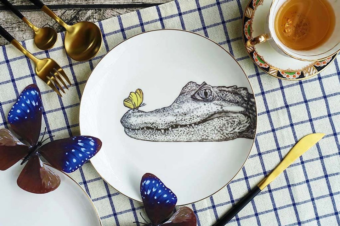 动物系列 - Crocodylus 鳄鱼的眼泪 金边骨瓷餐盘 - 盘子/餐盘/盘架 - 瓷 黄色