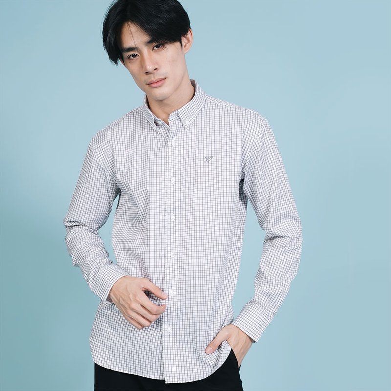 (SIZE S) PREMIUM // white grey check // men slim fit - 男装衬衫 - 棉．麻 白色