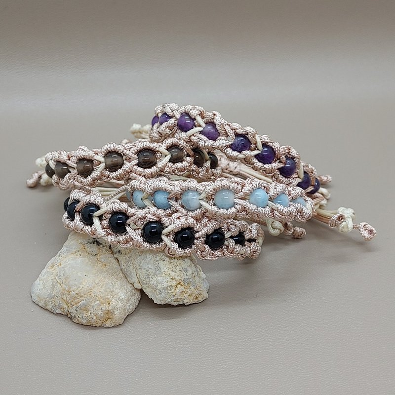 黑玛瑙海蓝宝茶晶(烟水晶)紫晶编织手绳 - 保平安 健康 招人缘运 - 手链/手环 - 半宝石 