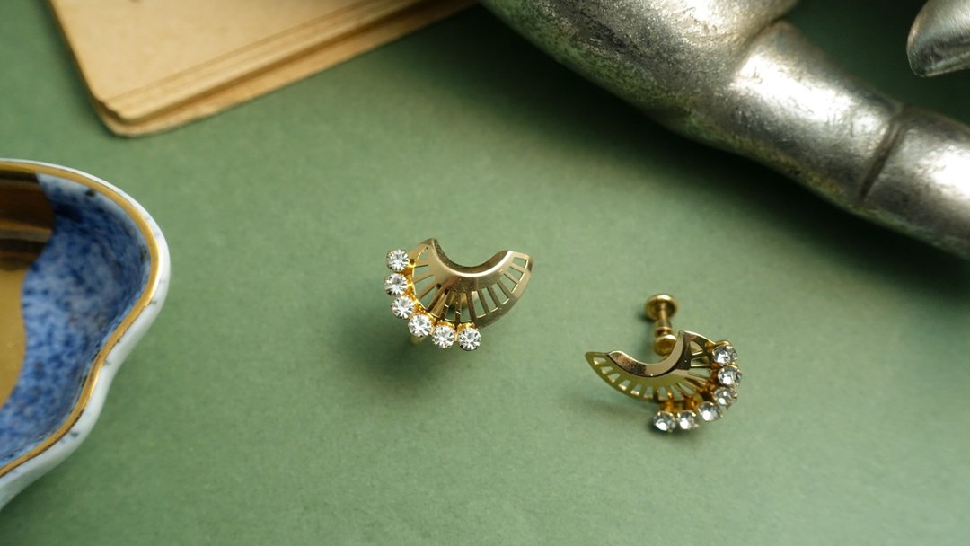 美国古董品牌Van dell12k包金金色莱茵石螺旋耳环 - 耳环/耳夹 - 其他金属 金色
