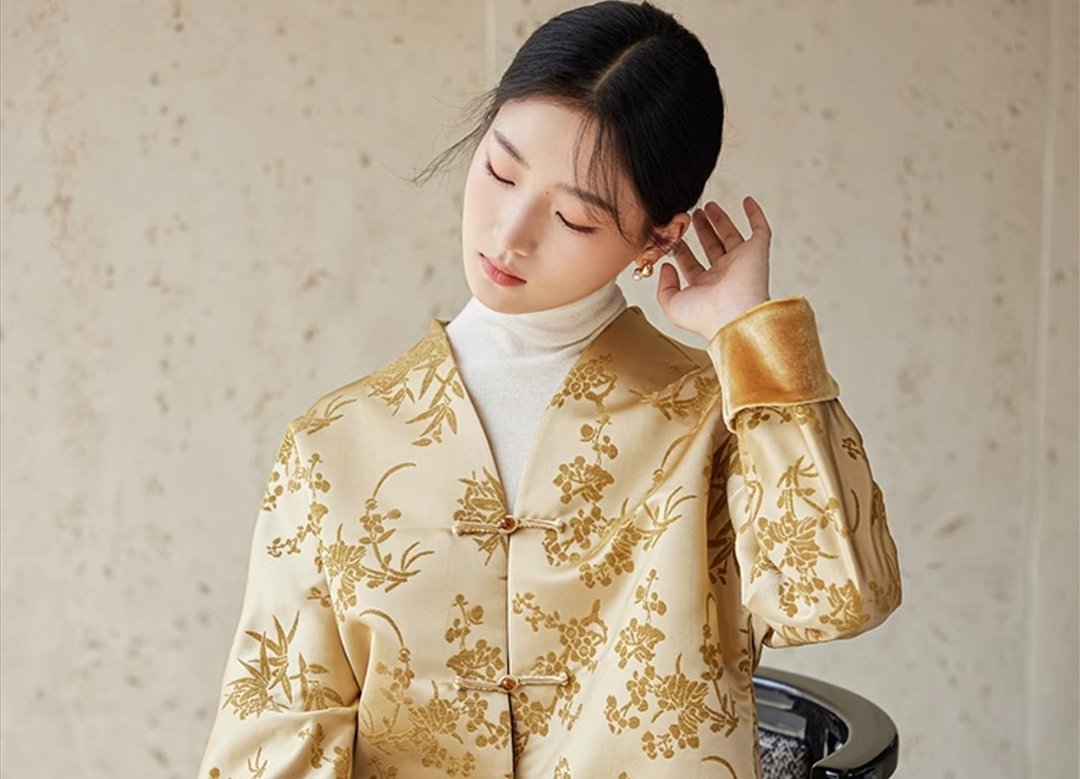 新中式中国风 非遗 漳绒缎提花 盘扣上衣茶服外套 - 女装上衣 - 其他材质 金色