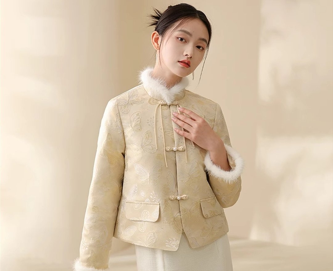 新中式  冬季中国风外套女厚年轻款金丝唐装茶服提花盘扣棉衣 - 女装上衣 - 丝．绢 金色