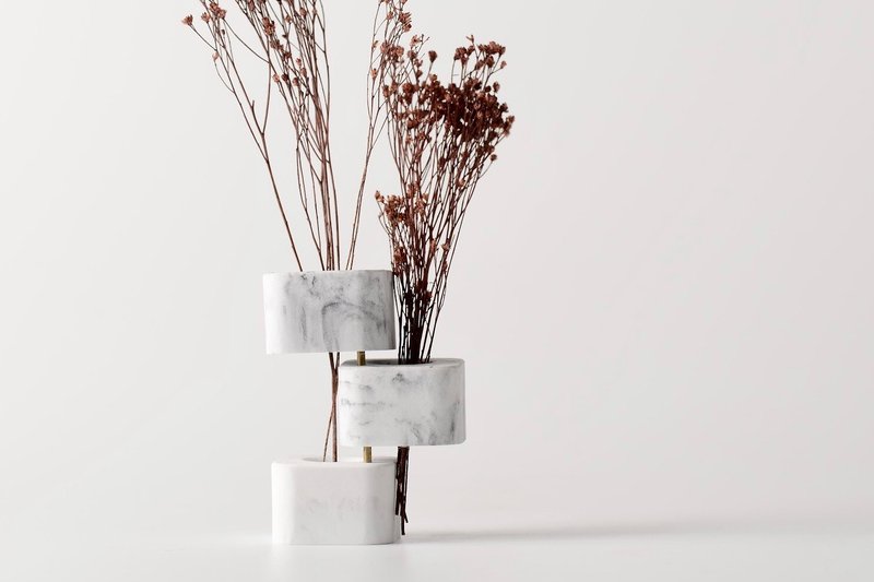 再生大理石。旋转花器。花插。笔座。方 - 花瓶/陶器 - 石头 白色
