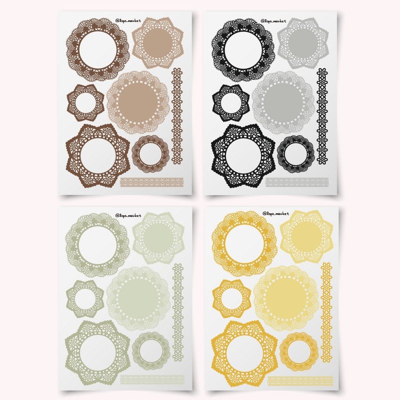 复古蕾丝花边圆形贴纸 (大、小尺寸) 4色，1组，共20张 - 贴纸 - 纸 
