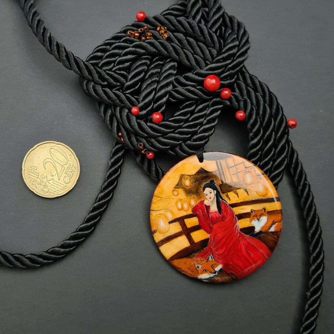 Kitsune necklace real oil painting miniature on jasper One of a kind Present OOA - 项链 - 石头 橘色