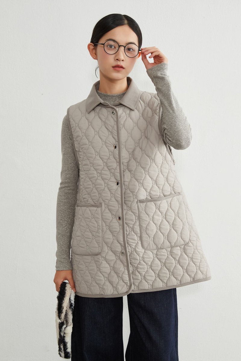 迷你蘑菇图案 双面绗缝立领中长款棉背心 - 女装背心 - 聚酯纤维 灰色