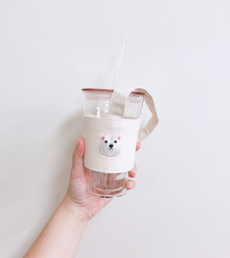 【小熊比比】白熊刺绣米白饮料杯袋 杯套 - 随行杯提袋/水壶袋 - 棉．麻 白色