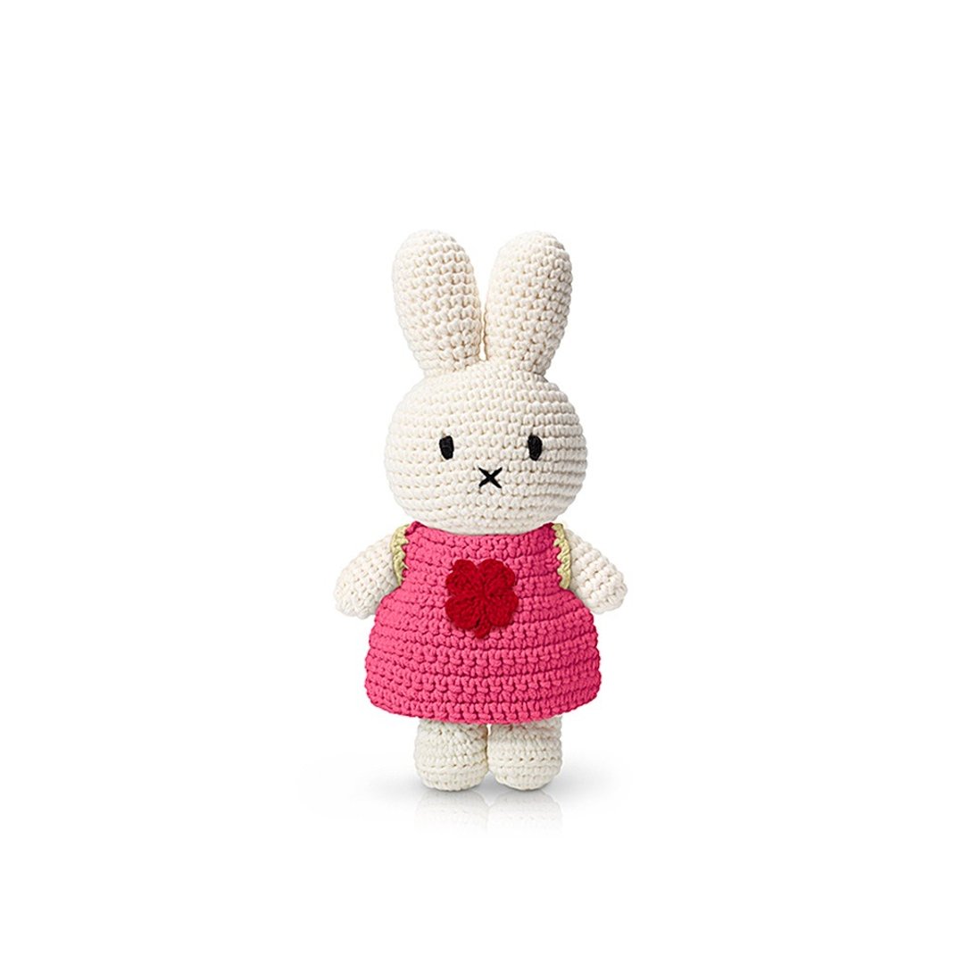 荷兰 Just Dutch | Miffy 米飞兔 编织娃娃和她的桃红幸运草洋装 - 玩偶/公仔 - 棉 红色
