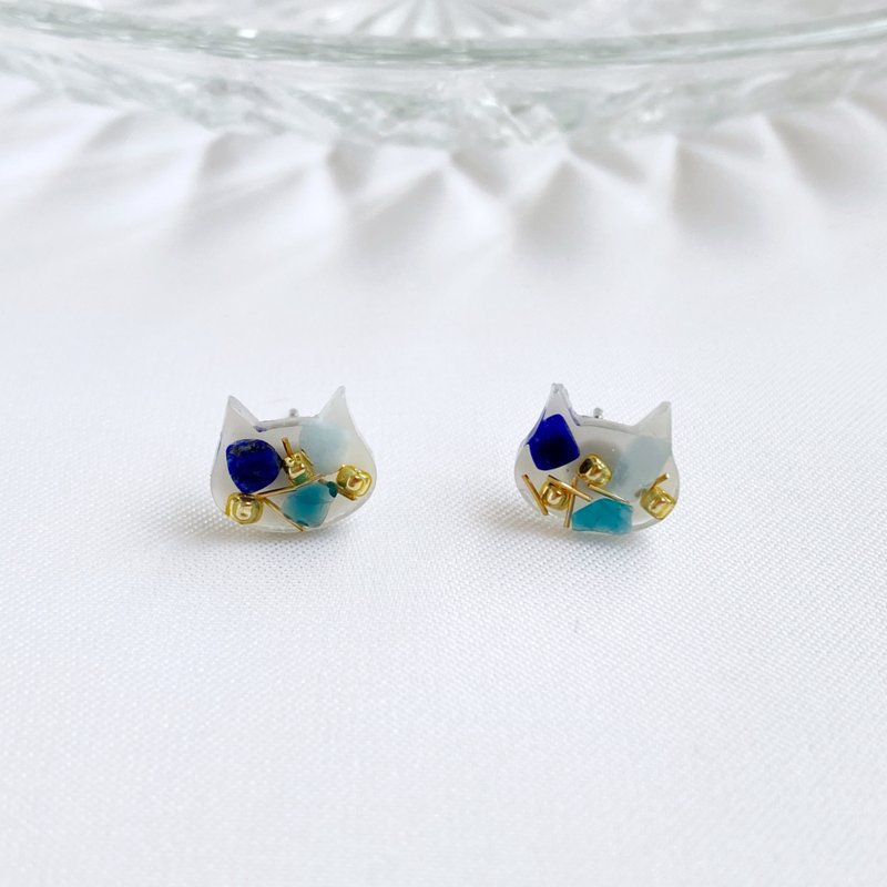 简约猫猫。天然石 青金石 蓝磷灰 海蓝宝 贴耳耳环 抗敏耳针耳夹 - 耳环/耳夹 - 水晶 蓝色