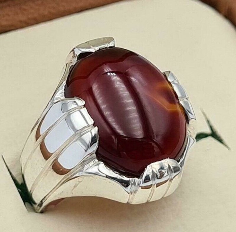 红色Aqeeq Akik Aqiq 也门 Yaman Yamni 玛瑙 Bague 纯银饰品戒指 - 戒指 - 宝石 红色
