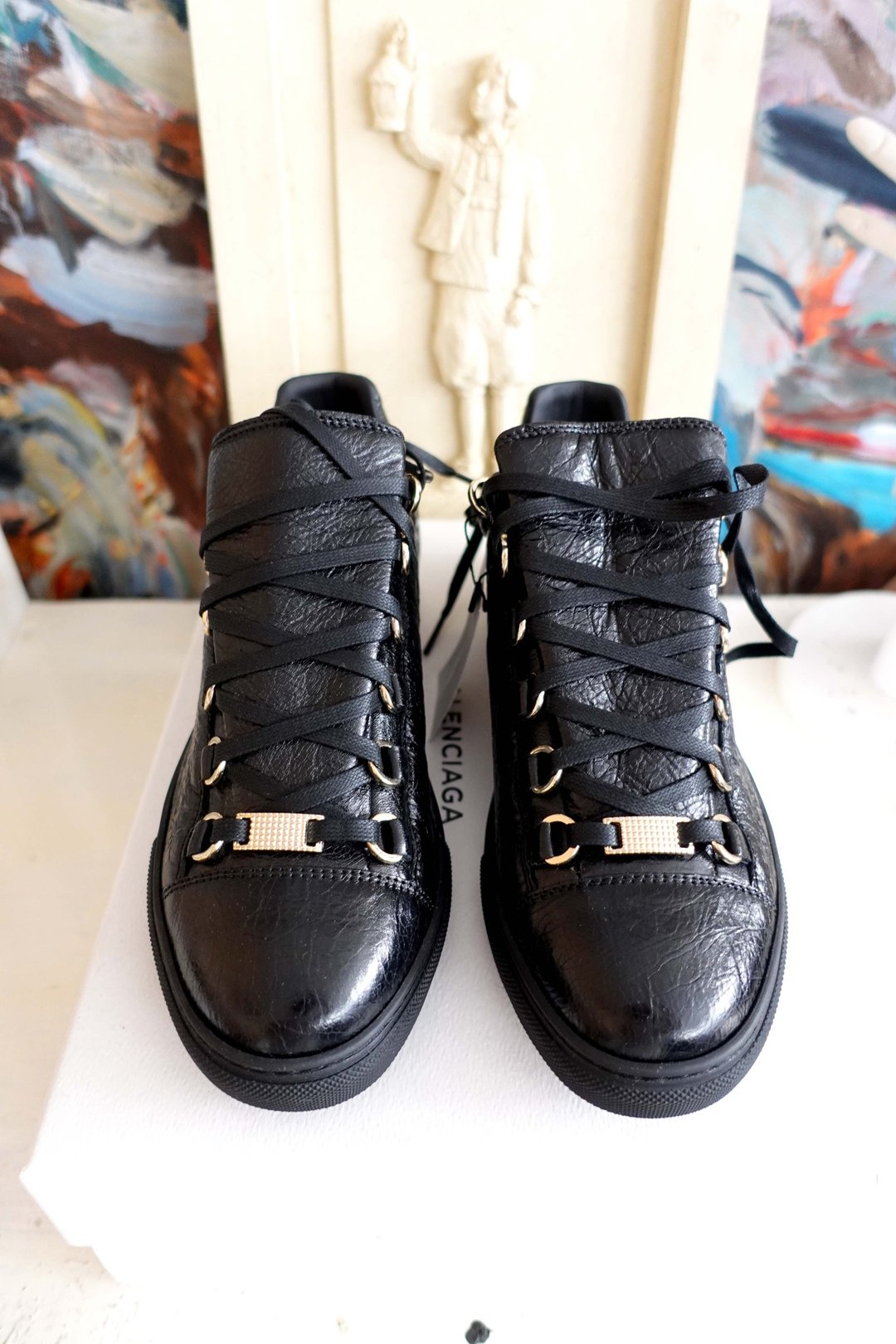 全新名牌Balenciaga 黑色皱纹真皮散步鞋球鞋皮鞋波鞋平底鞋 39号 - 女款休闲鞋 - 真皮 黑色